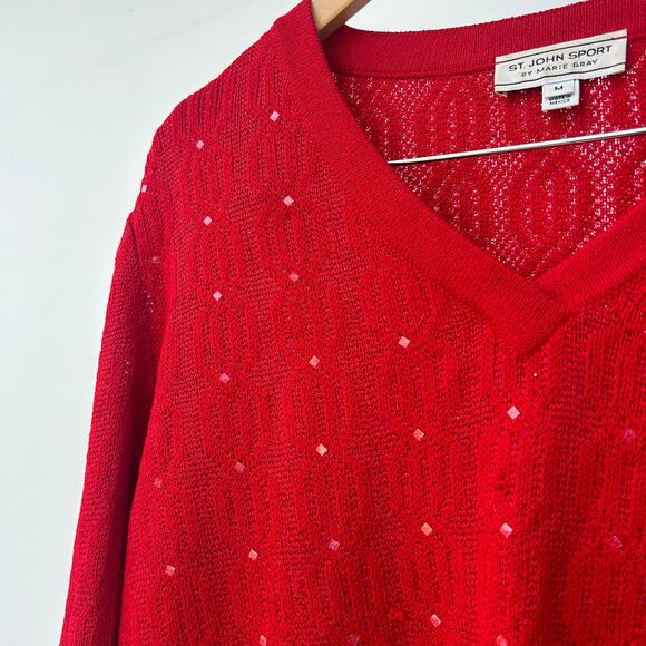St. John Sport Red V-Neck Sequin Wool Sweater Medium Sparkle Knit Pullover - Picture 5 of 13